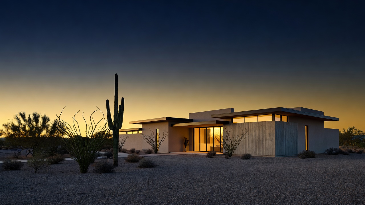 New-construction home at dusk in the Tucson foothills